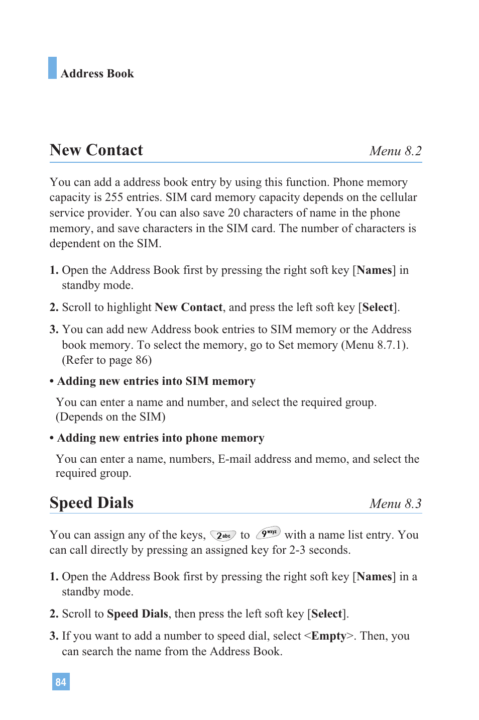 New contact, Speed dials | LG G4020 User Manual | Page 87 / 128