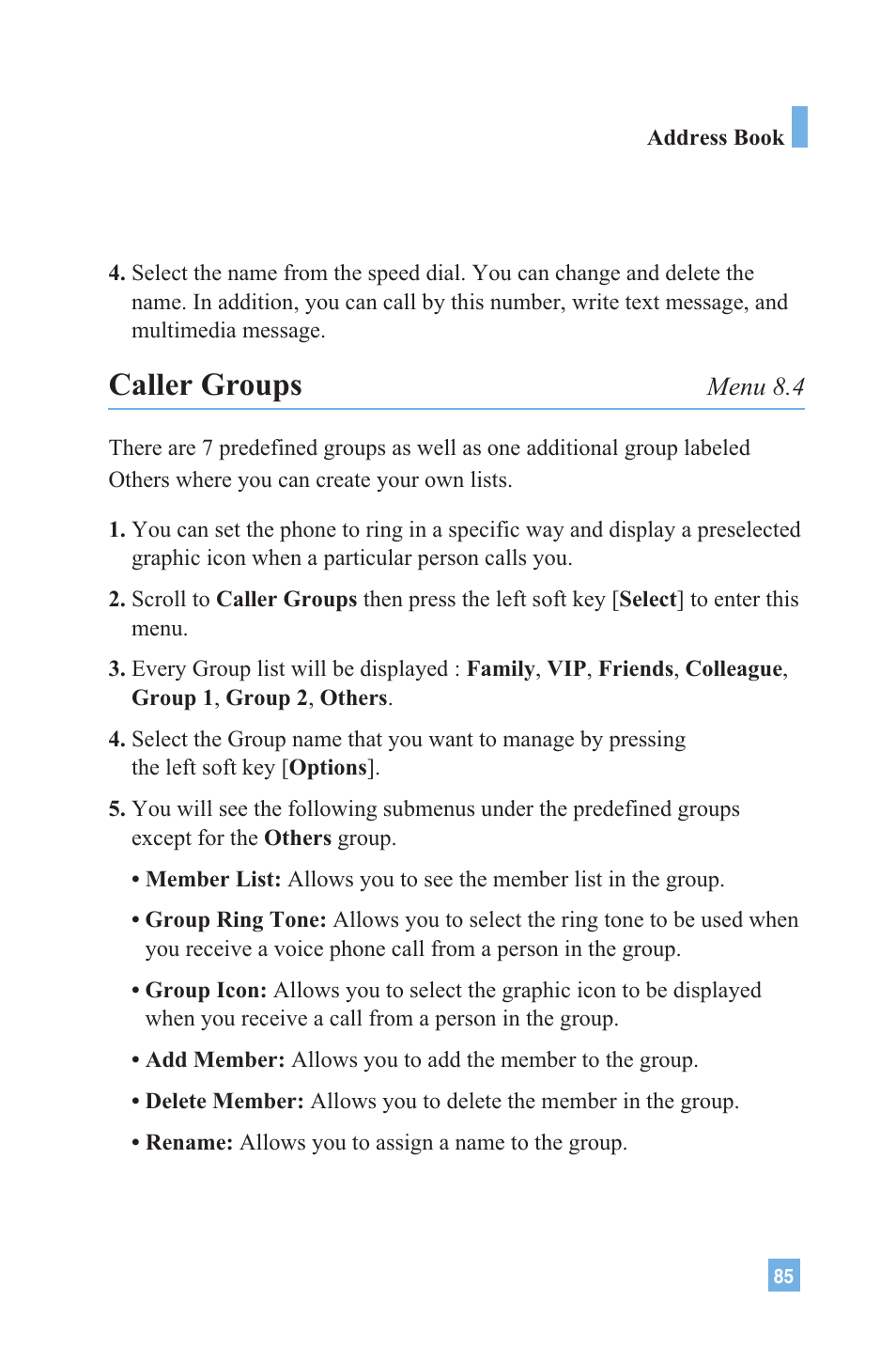 Caller groups | LG G4020 User Manual | Page 88 / 128