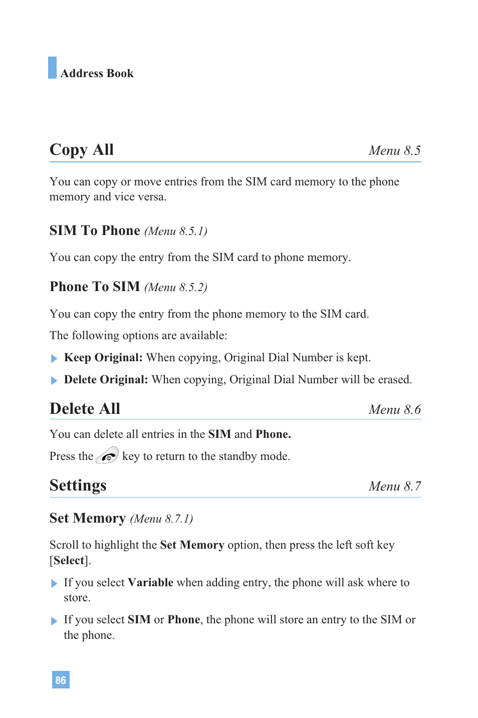 Copy all, Delete all, Settings | LG G4020 User Manual | Page 89 / 128