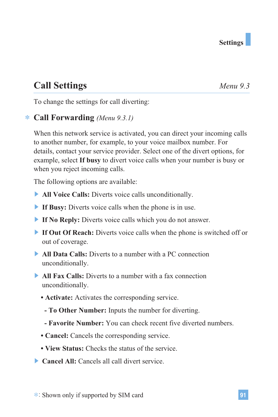 Call settings, Call forwarding | LG G4020 User Manual | Page 94 / 128