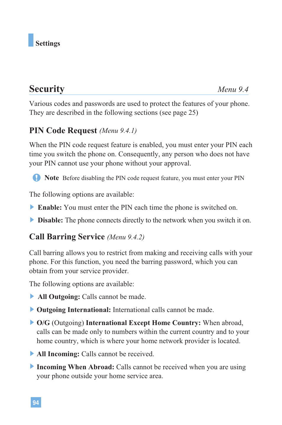 Security, Pin code request, Call barring service | LG G4020 User Manual | Page 97 / 128