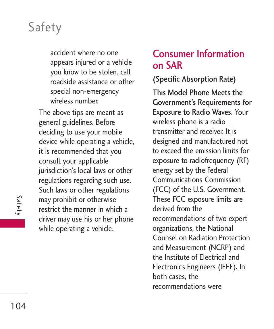 Consumer information on sar, Consumer information on sar, Safety | LG LG230 User Manual | Page 106 / 251