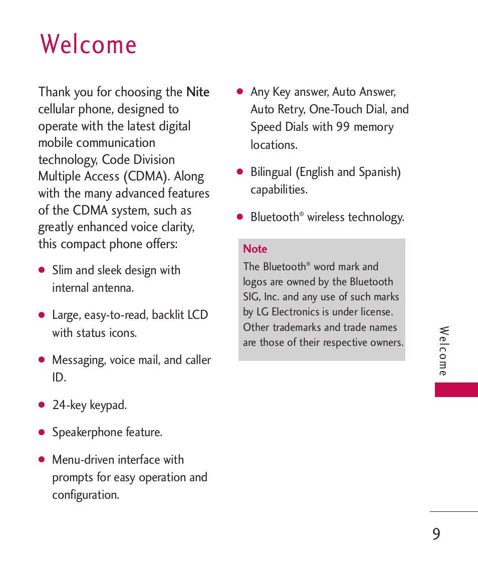 Welcome, Nite | LG LG230 User Manual | Page 11 / 251