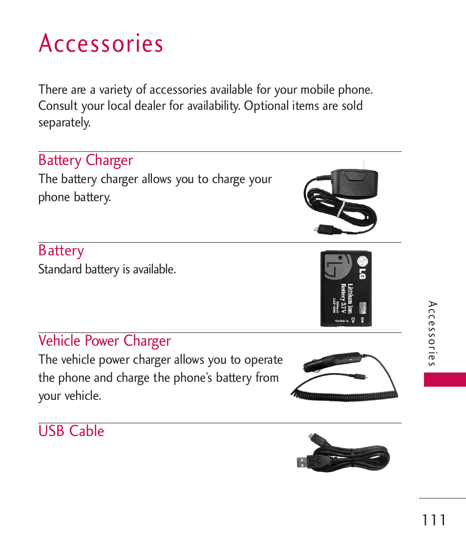 Accessories | LG LG230 User Manual | Page 113 / 251