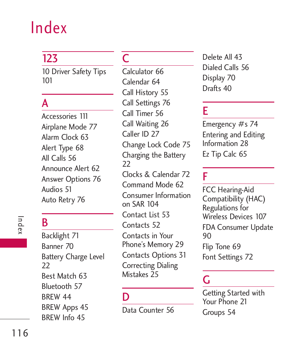 Index | LG LG230 User Manual | Page 118 / 251