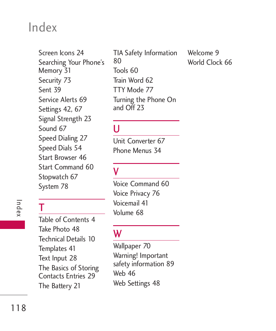 Index | LG LG230 User Manual | Page 120 / 251