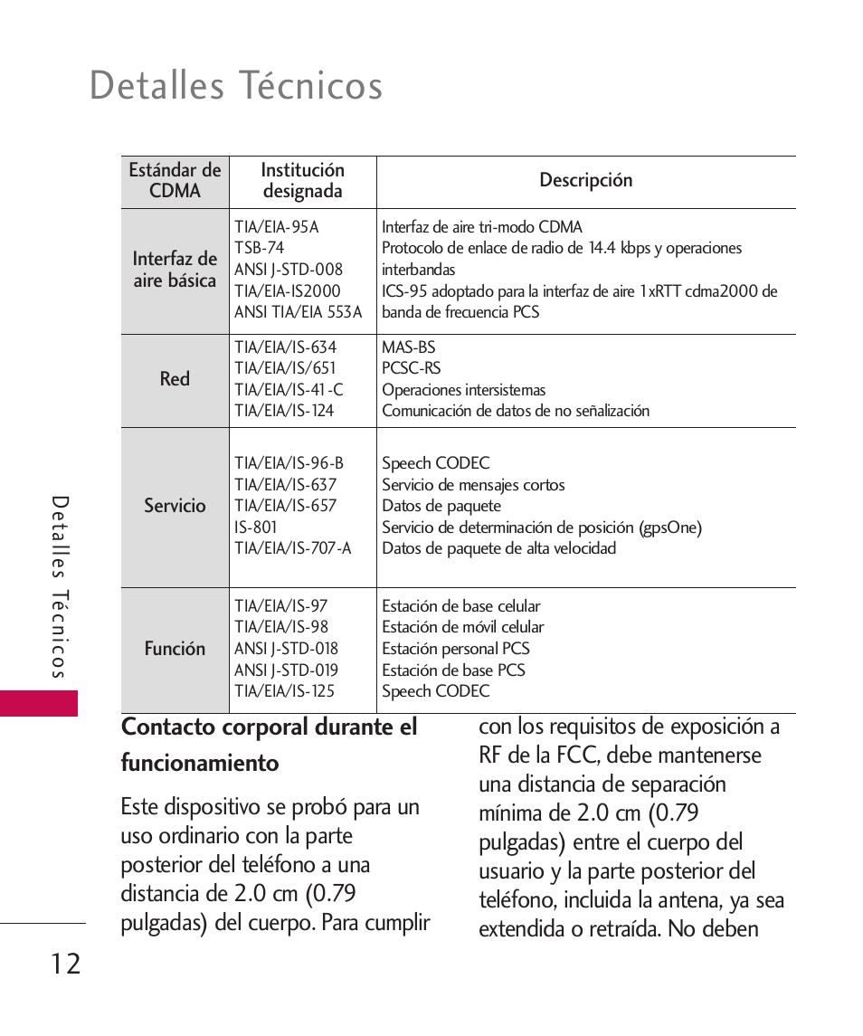Contacto corporal durante el, Contacto corporal durante el funcionamiento, Detalles técnicos | LG LG230 User Manual | Page 134 / 251