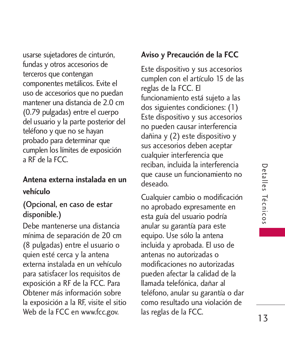 Antena externa instalada en, Aviso y precaución de la fcc, Antena externa instalada en un vehículo | LG LG230 User Manual | Page 135 / 251