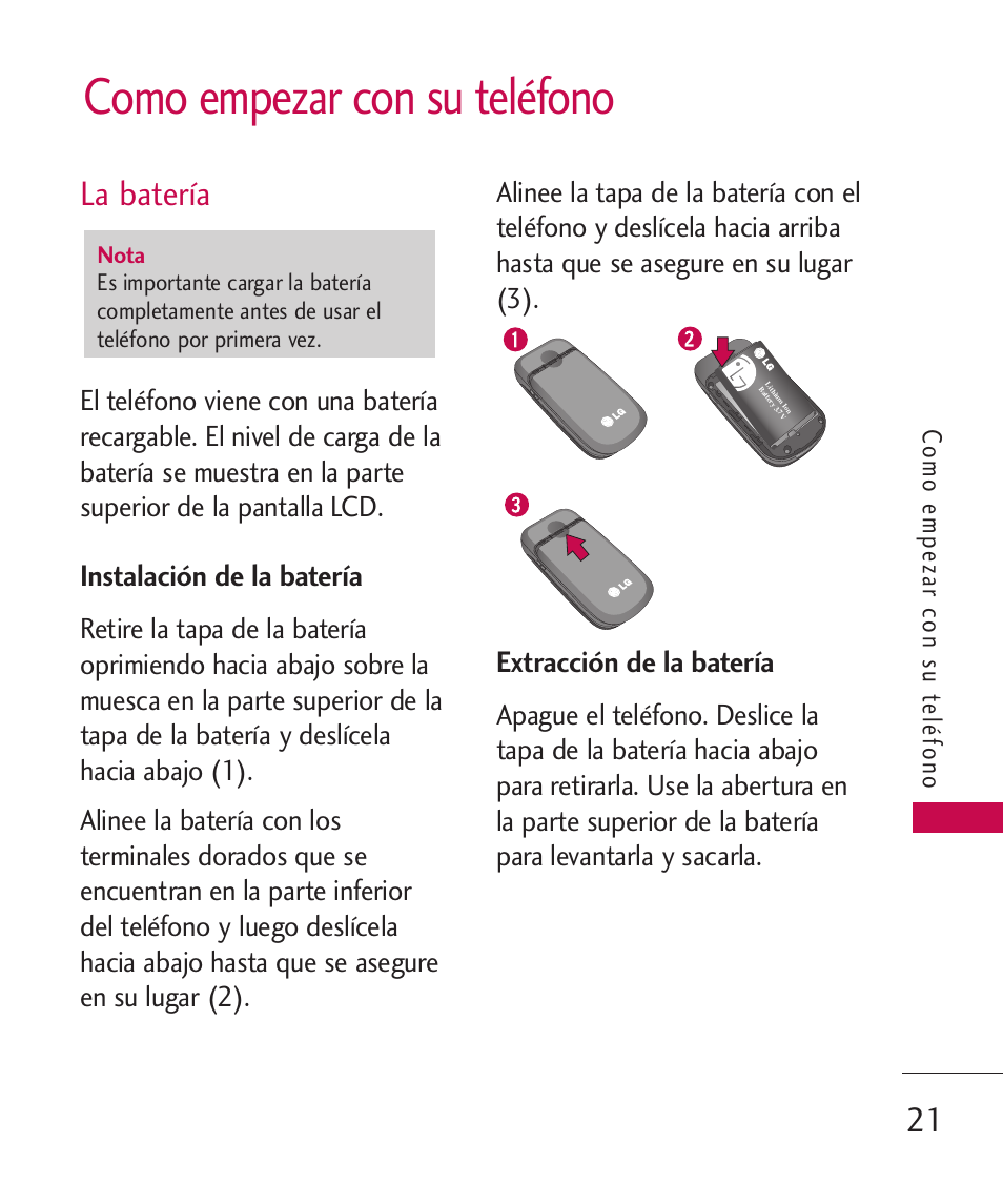 Como empezar con su teléfono, La batería, Instalación de la batería | Extracción de la batería | LG LG230 User Manual | Page 143 / 251