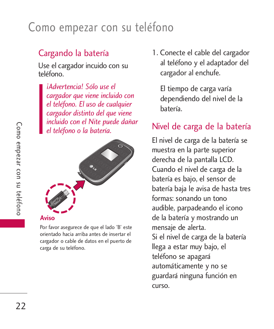 Cargando la batería, Nivel de carga de la batería, Como empezar con su teléfono | LG LG230 User Manual | Page 144 / 251