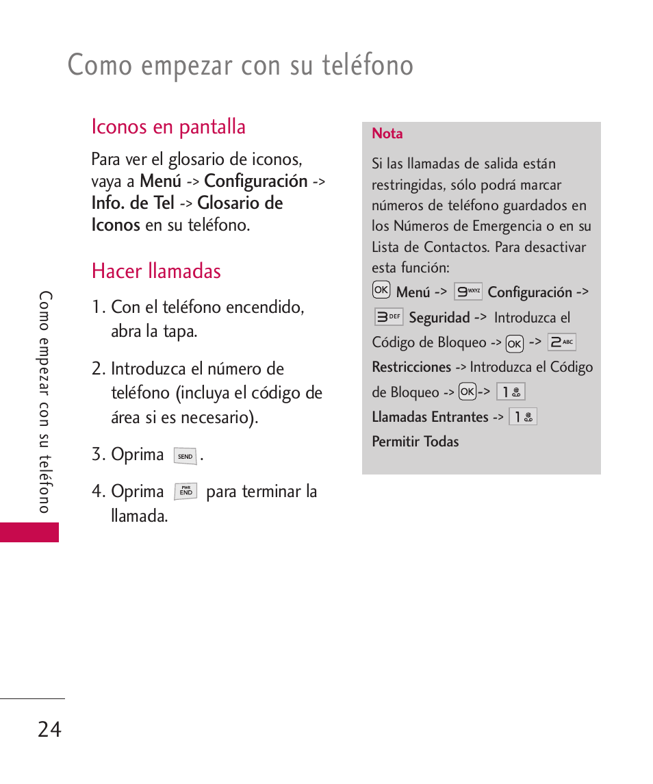 Iconos en pantalla, Hacer llamadas, Como empezar con su teléfono | LG LG230 User Manual | Page 146 / 251