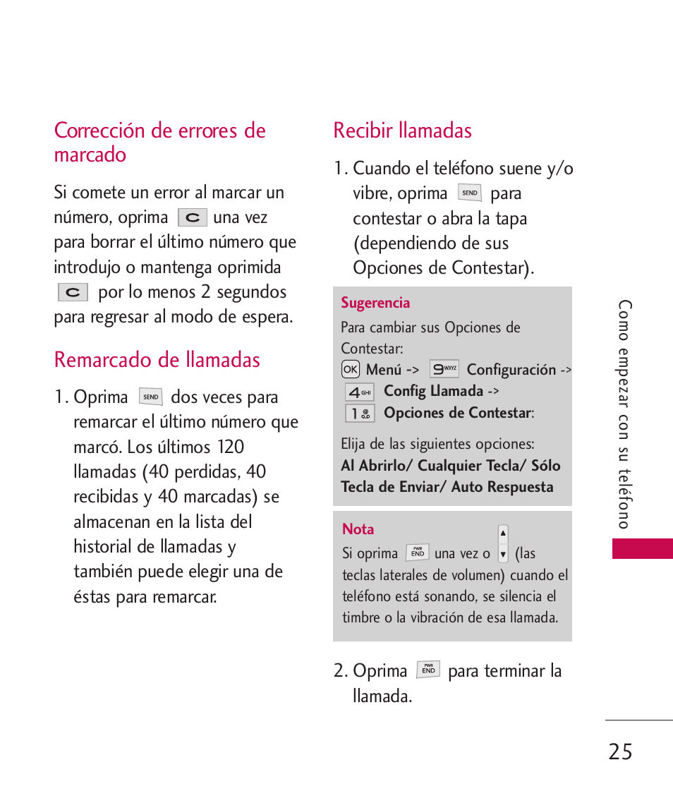 Corrección de errores de mar, Remarcado de llamadas, Recibir llamadas | Corrección de errores de marcado25, Corrección de errores de marcado | LG LG230 User Manual | Page 147 / 251