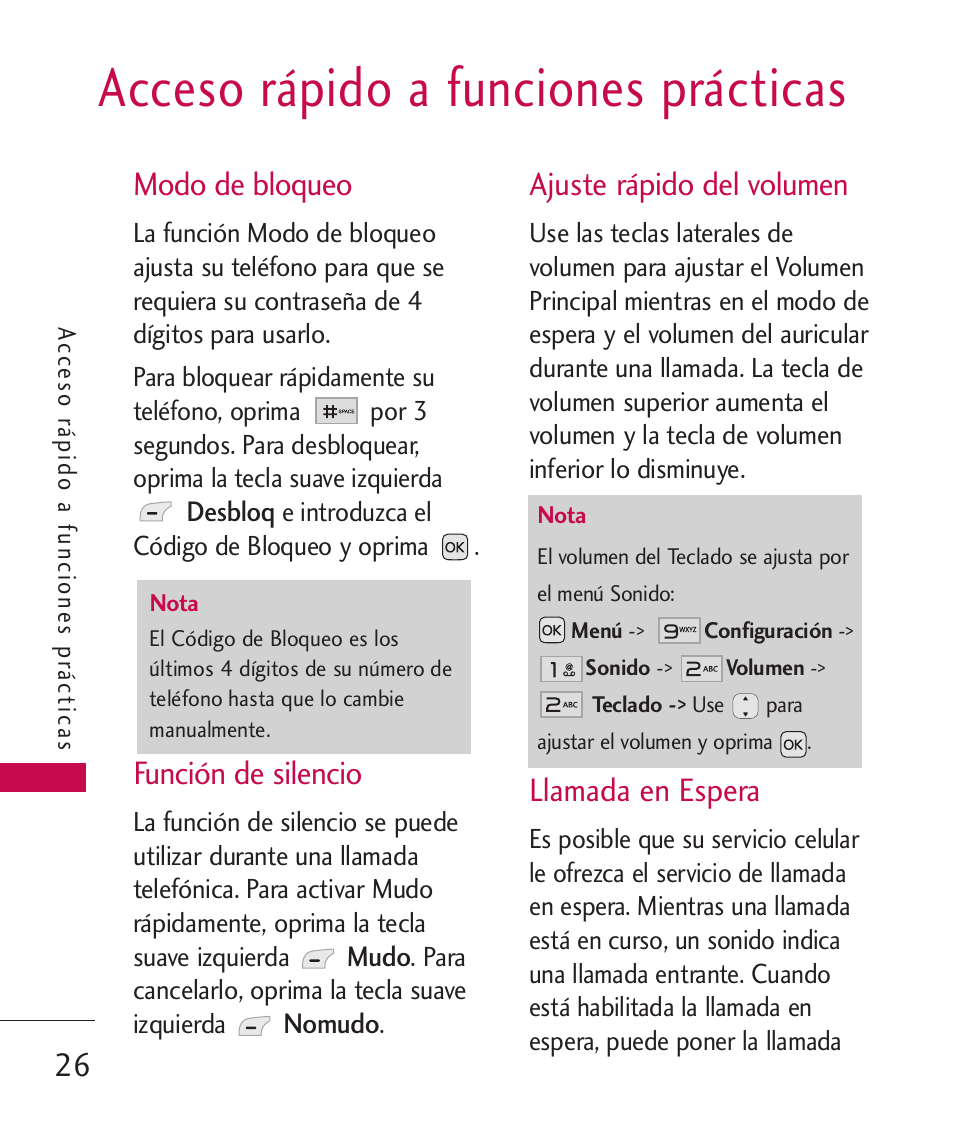 Acceso rápido a funciones pr, Modo de bloqueo, Función de silencio | Ajuste rápido del volumen, Llamada en espera, Acceso rápido a funciones prácticas | LG LG230 User Manual | Page 148 / 251