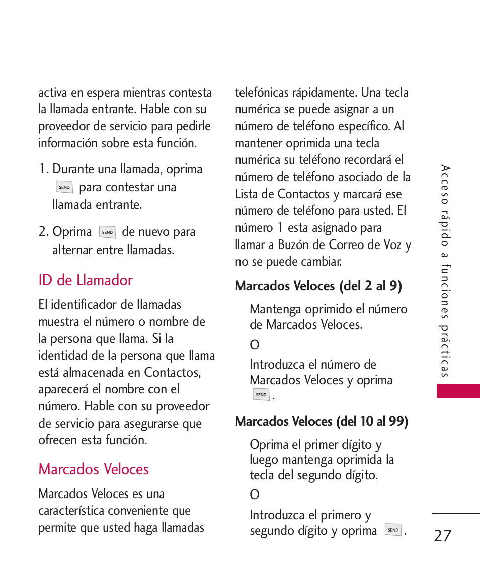 Id de llamador, Marcados veloces | LG LG230 User Manual | Page 149 / 251