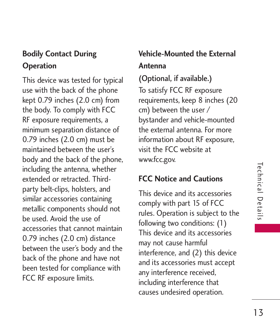 Bodily contact during operation, Vehicle-mounted the external, Fcc notice and cautions | Bodily contact during operation 13, Vehicle-mounted the external antenna 13 | LG LG230 User Manual | Page 15 / 251