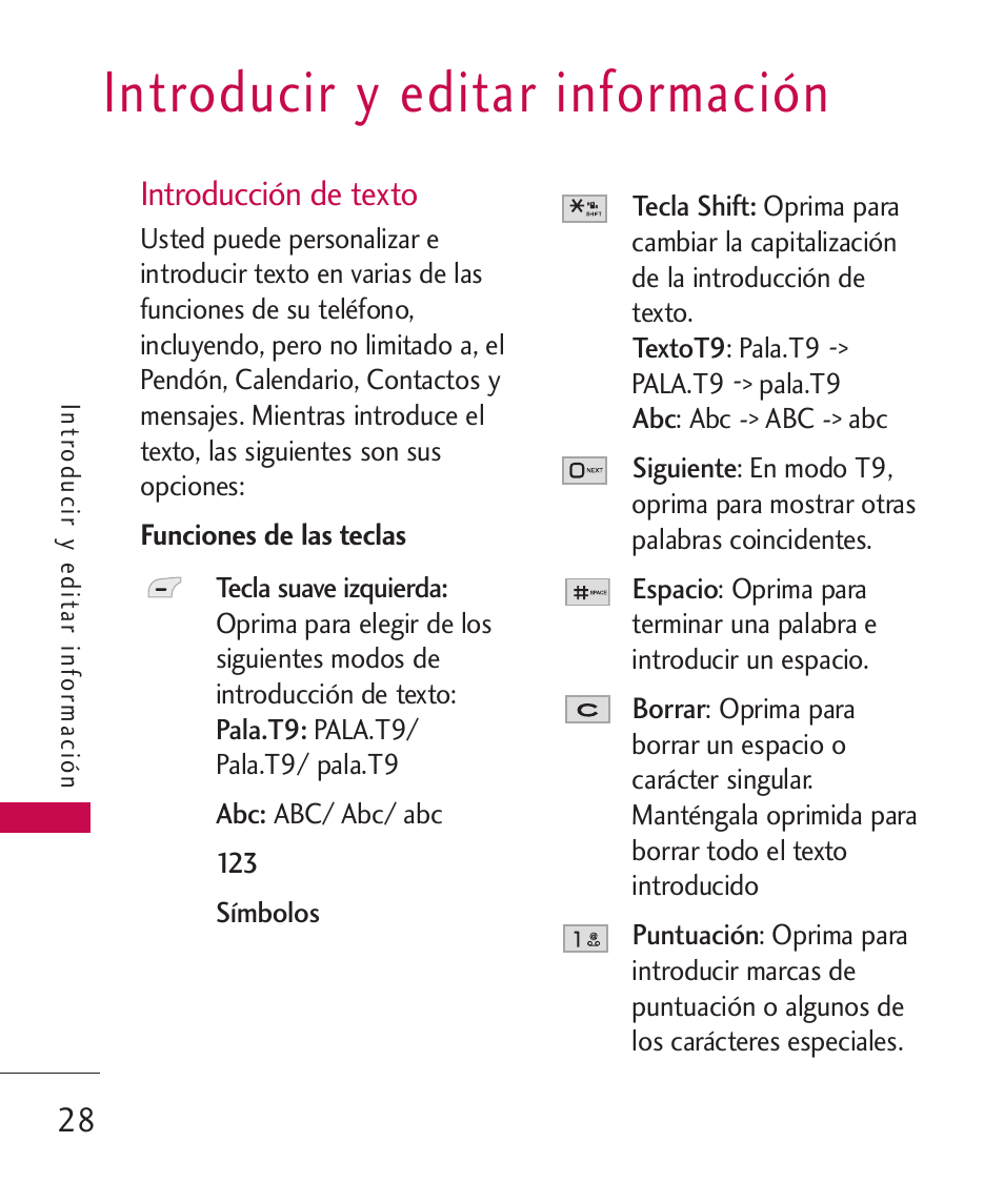 Introducir y editar información, Introducción de texto, Funciones de las teclas | LG LG230 User Manual | Page 150 / 251