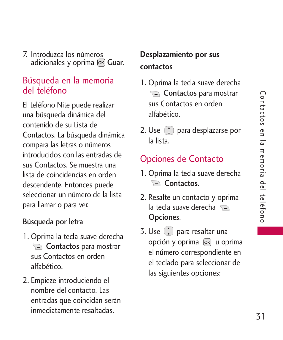 Búsqueda en la memoria del, Opciones de contacto, Búsqueda en la memoria del teléfono | LG LG230 User Manual | Page 153 / 251