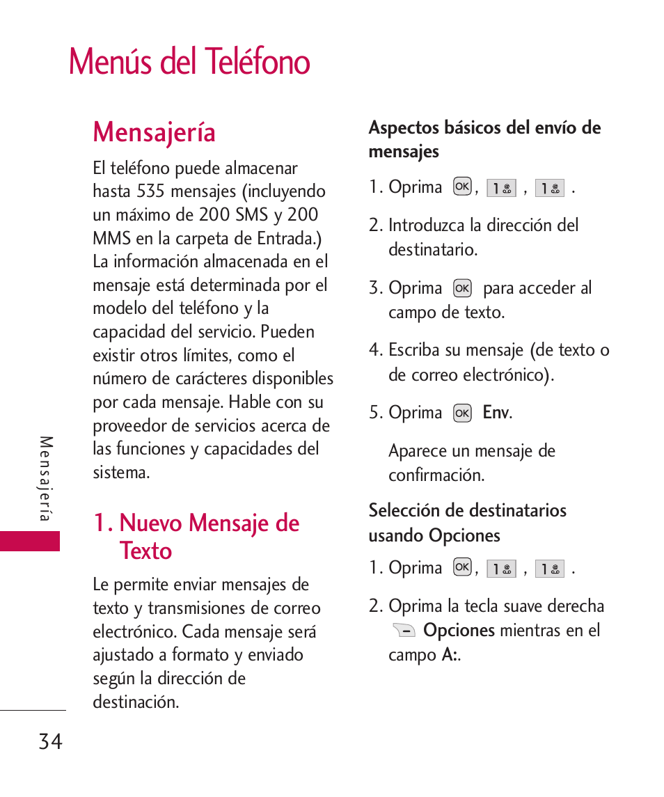 Menús del teléfono, Mensajería, Nuevo mensaje de texto | Nuevo mensaje de texto 34 | LG LG230 User Manual | Page 156 / 251