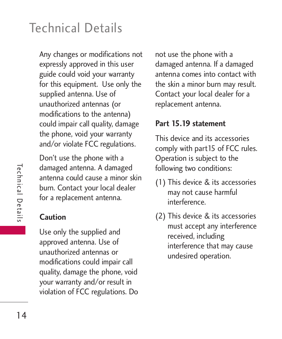 Caution, Part 15.19 statement, Technical details | LG LG230 User Manual | Page 16 / 251