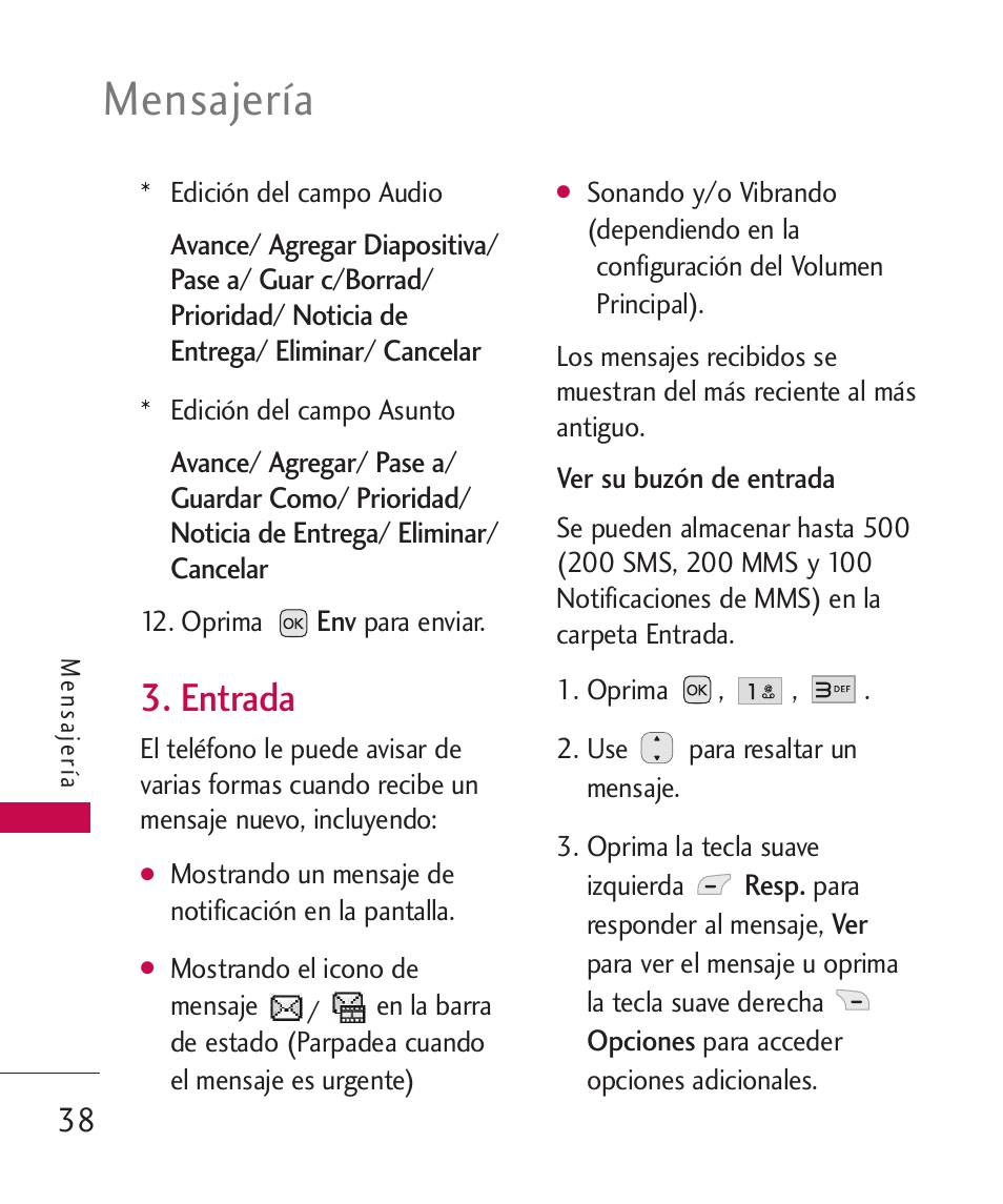 Entrada, Mensajería | LG LG230 User Manual | Page 160 / 251