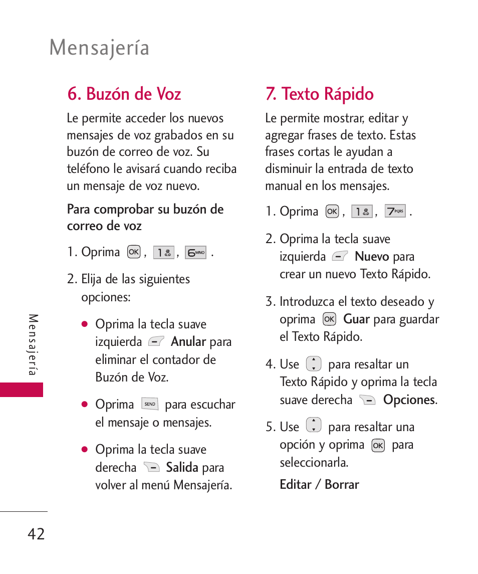 Buzón de voz, Texto rápido, Mensajería | LG LG230 User Manual | Page 164 / 251