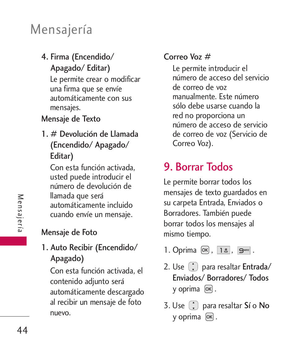 Borrar todos, Mensajería | LG LG230 User Manual | Page 166 / 251