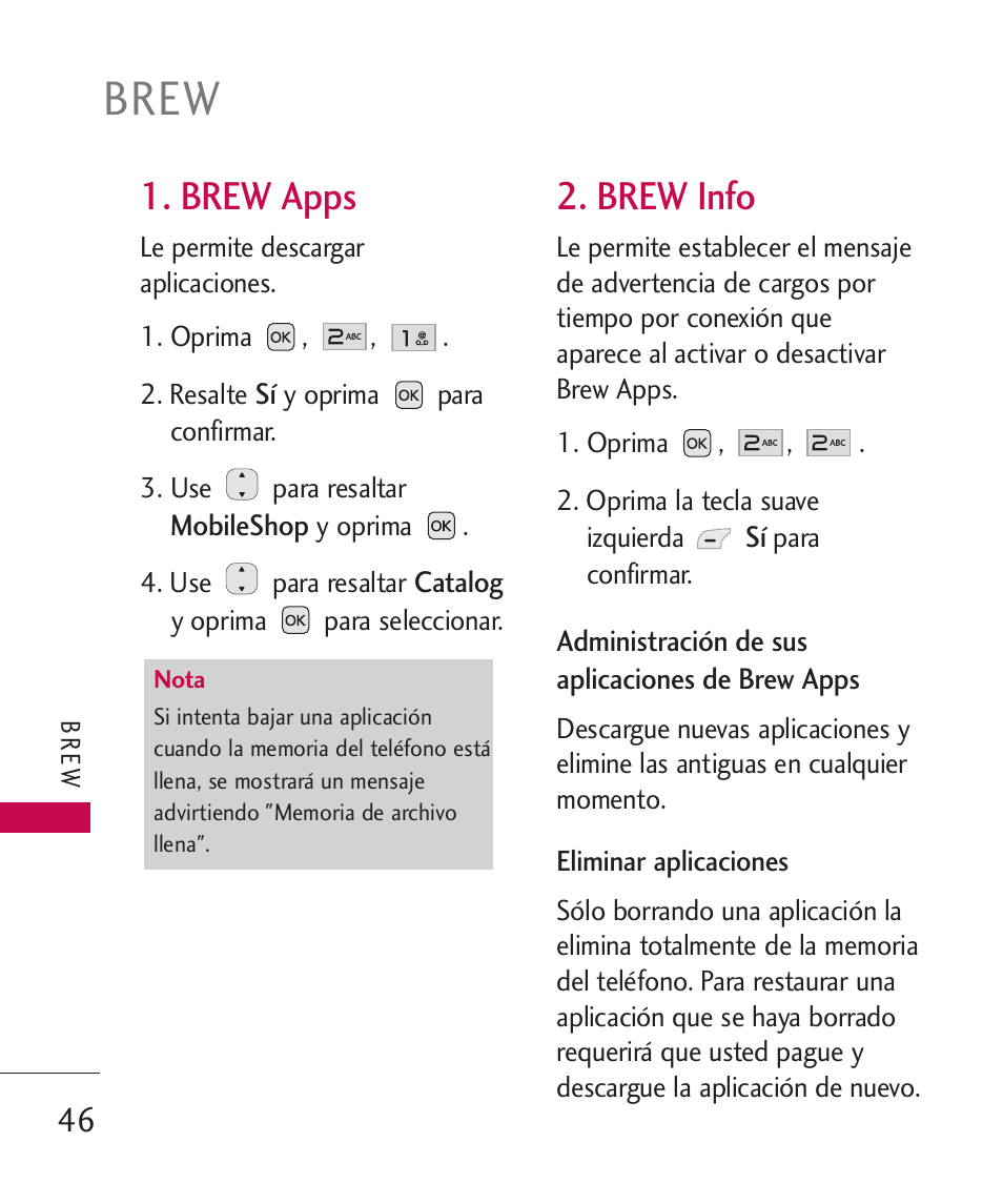 Brew apps, Brew info, Brew | LG LG230 User Manual | Page 168 / 251