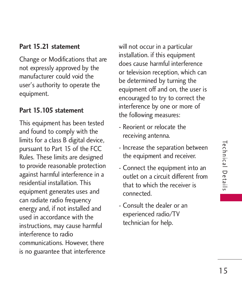 Part 15.21 statement, Part 15.105 statement | LG LG230 User Manual | Page 17 / 251