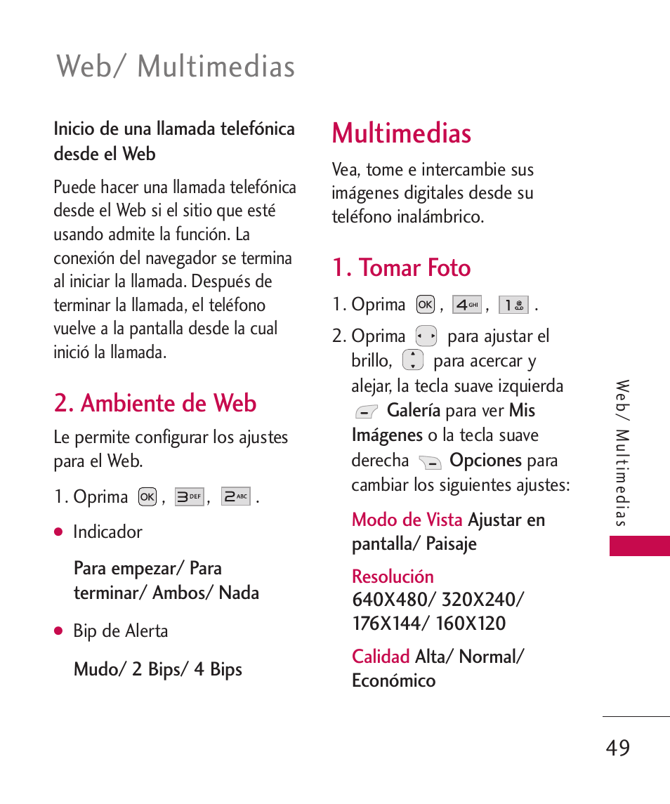 Ambiente de web, Multimedias, Tomar foto | Web/ multimedias | LG LG230 User Manual | Page 171 / 251