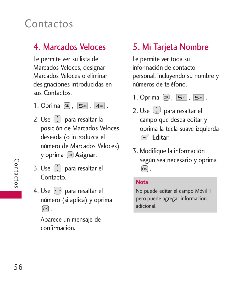 Marcados veloces, Mi tarjeta nombre, Contactos | LG LG230 User Manual | Page 178 / 251