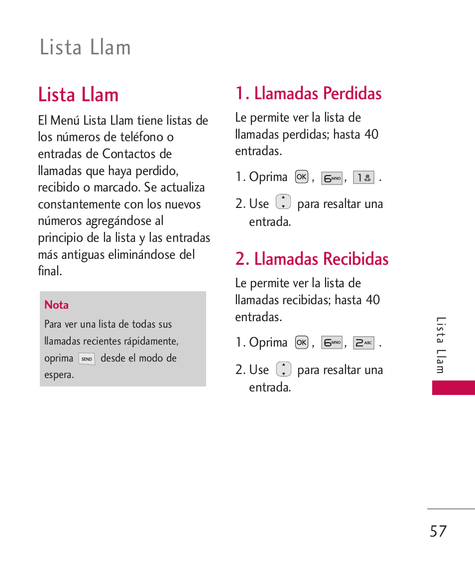 Lista llam, Llamadas perdidas, Llamadas recibidas | LG LG230 User Manual | Page 179 / 251