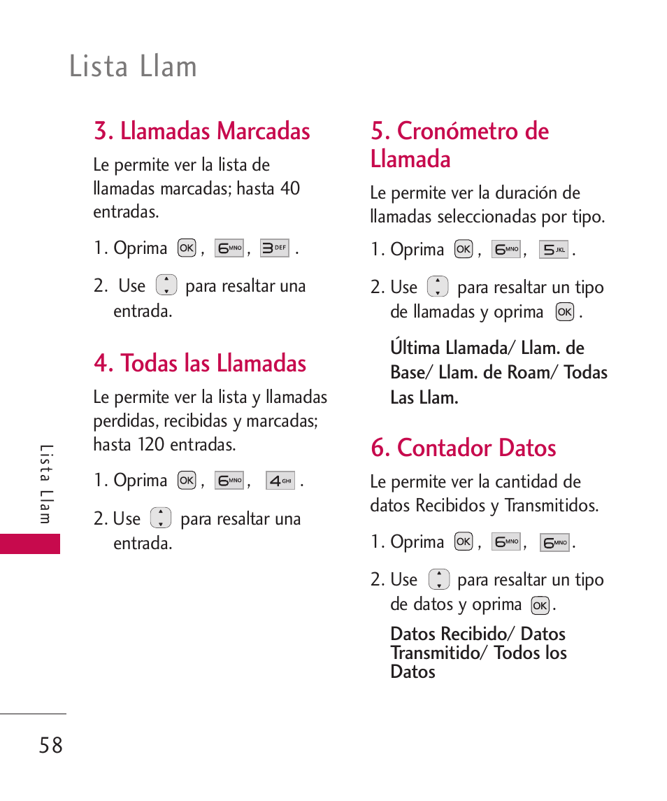 Llamadas marcadas, Todas las llamadas, Cronómetro de llamada | Contador datos, Cronómetro de llamada 58 6. contador datos, Lista llam | LG LG230 User Manual | Page 180 / 251