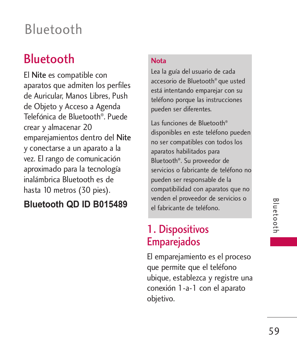 Bluetooth, Dispositivos emparejados, Dispositivos emparejados 59 | LG LG230 User Manual | Page 181 / 251