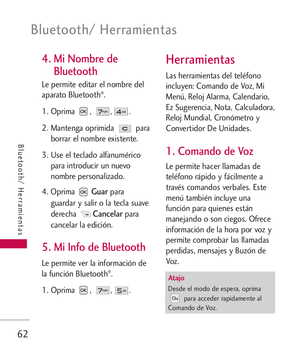 Mi nombre de bluetooth, Mi info de bluetooth, Herramientas | Comando de voz, Mi nombre de bluetooth 62 5. mi info de bluetooth, Bluetooth/ herramientas | LG LG230 User Manual | Page 184 / 251