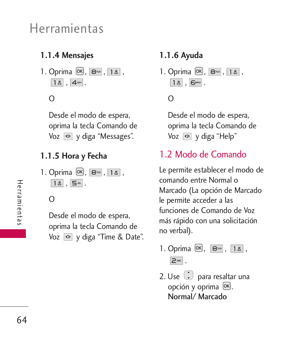 4 mensajes, 5 hora y fecha, 6 ayuda | 2 modo de comando, Herramientas | LG LG230 User Manual | Page 186 / 251