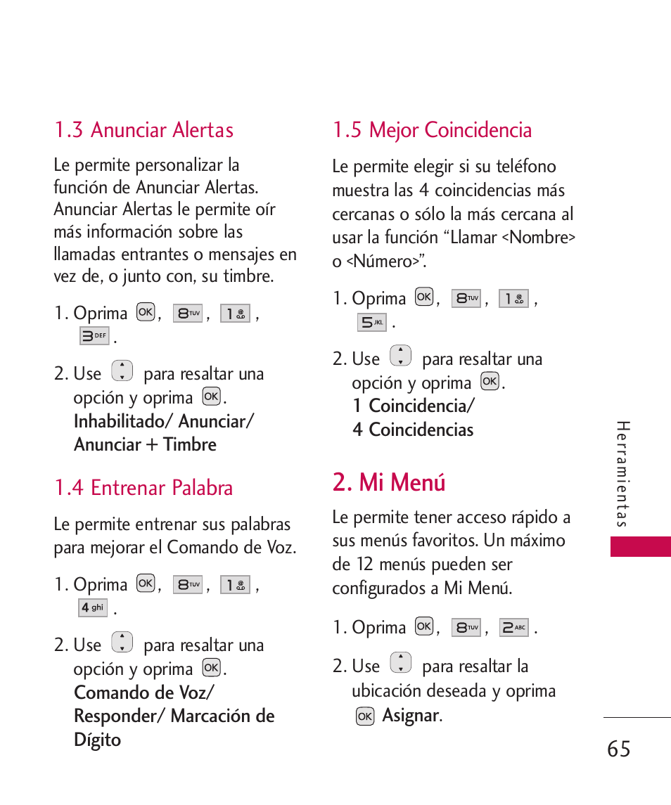 3 anunciar alertas, 4 entrenar palabra, 5 mejor coincidencia | Mi menú | LG LG230 User Manual | Page 187 / 251