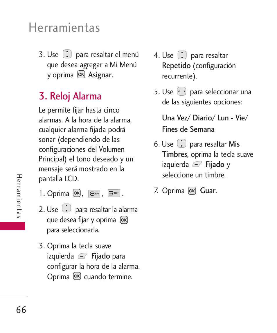 Reloj alarma, Herramientas | LG LG230 User Manual | Page 188 / 251