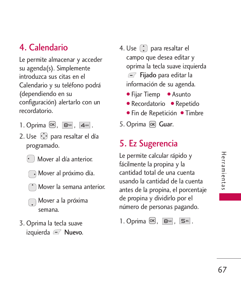 Calendario, Ez sugerencia | LG LG230 User Manual | Page 189 / 251
