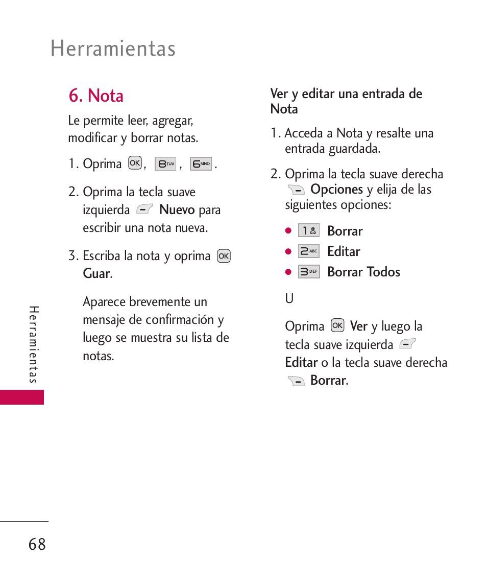 Nota, Herramientas | LG LG230 User Manual | Page 190 / 251