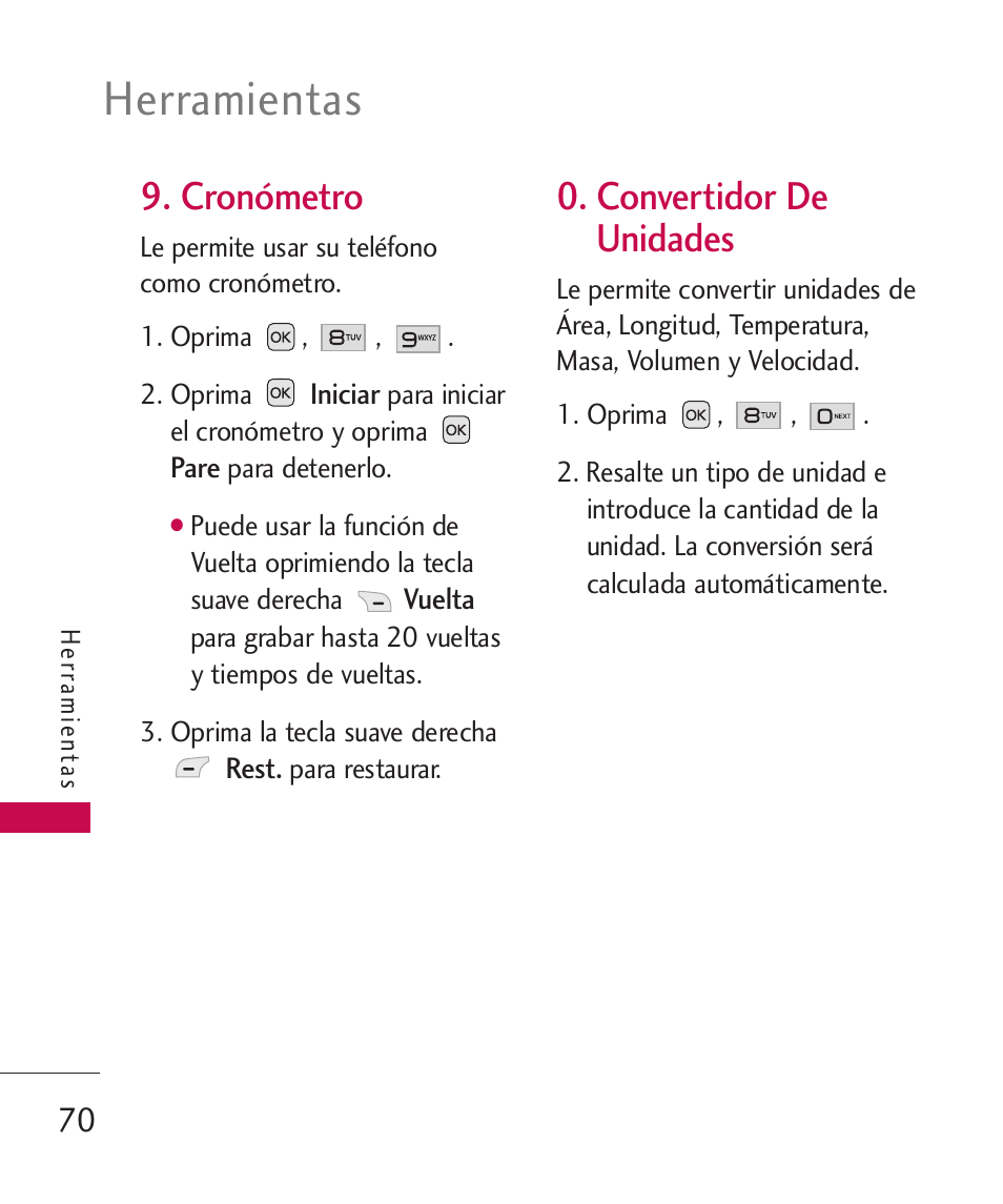 Cronómetro, convertidor de unidades, Convertidor de | Unidades, Herramientas, Convertidor de unidades | LG LG230 User Manual | Page 192 / 251