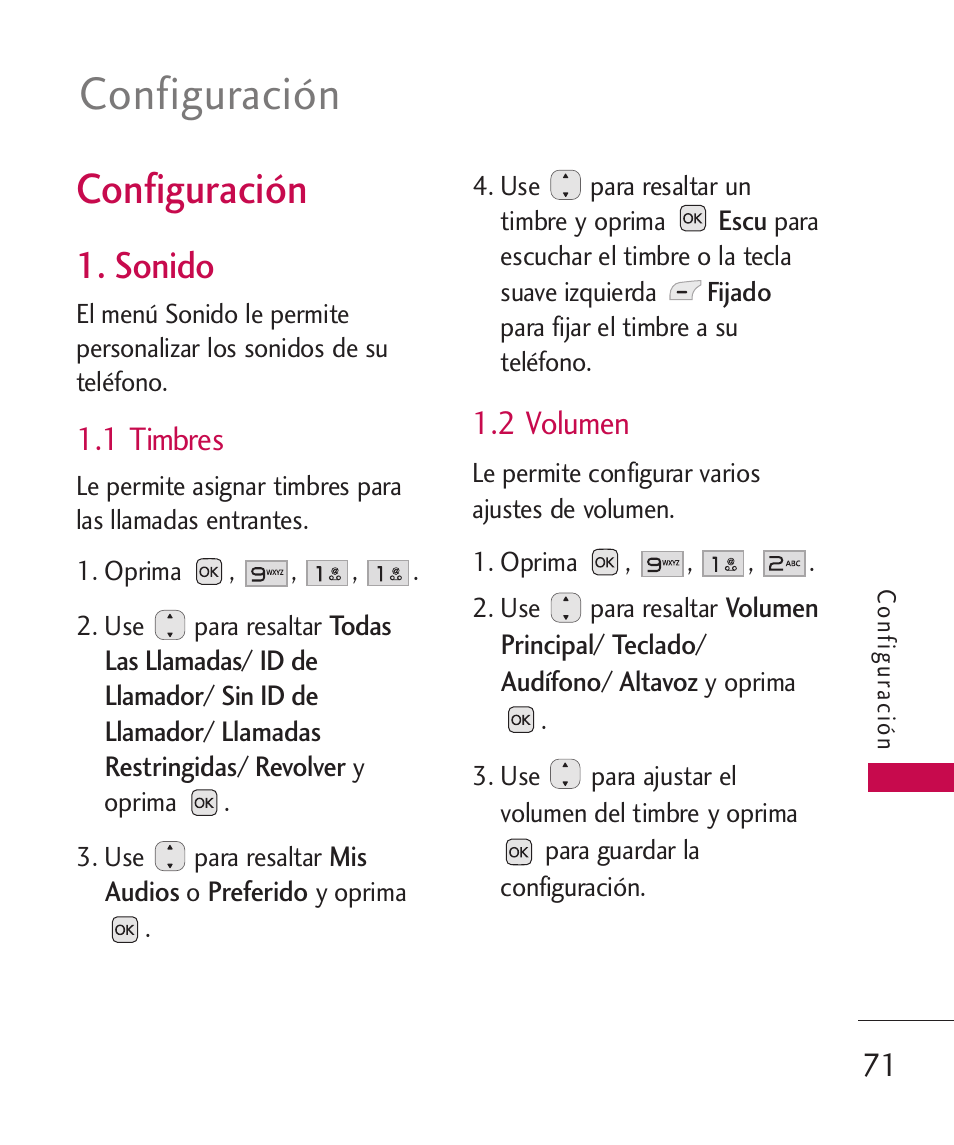 Configuración, Sonido, 1 timbres | 2 volumen | LG LG230 User Manual | Page 193 / 251