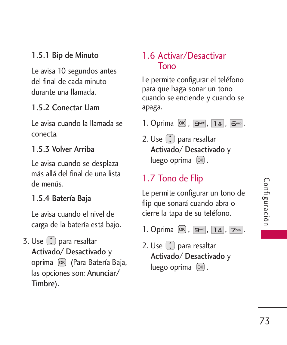 6 activar/desactivar tono, 7 tono de flip | LG LG230 User Manual | Page 195 / 251