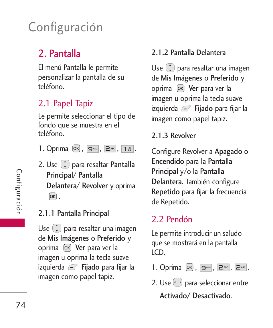 Pantalla, 1 papel tapiz, 2 pendón | Configuración | LG LG230 User Manual | Page 196 / 251