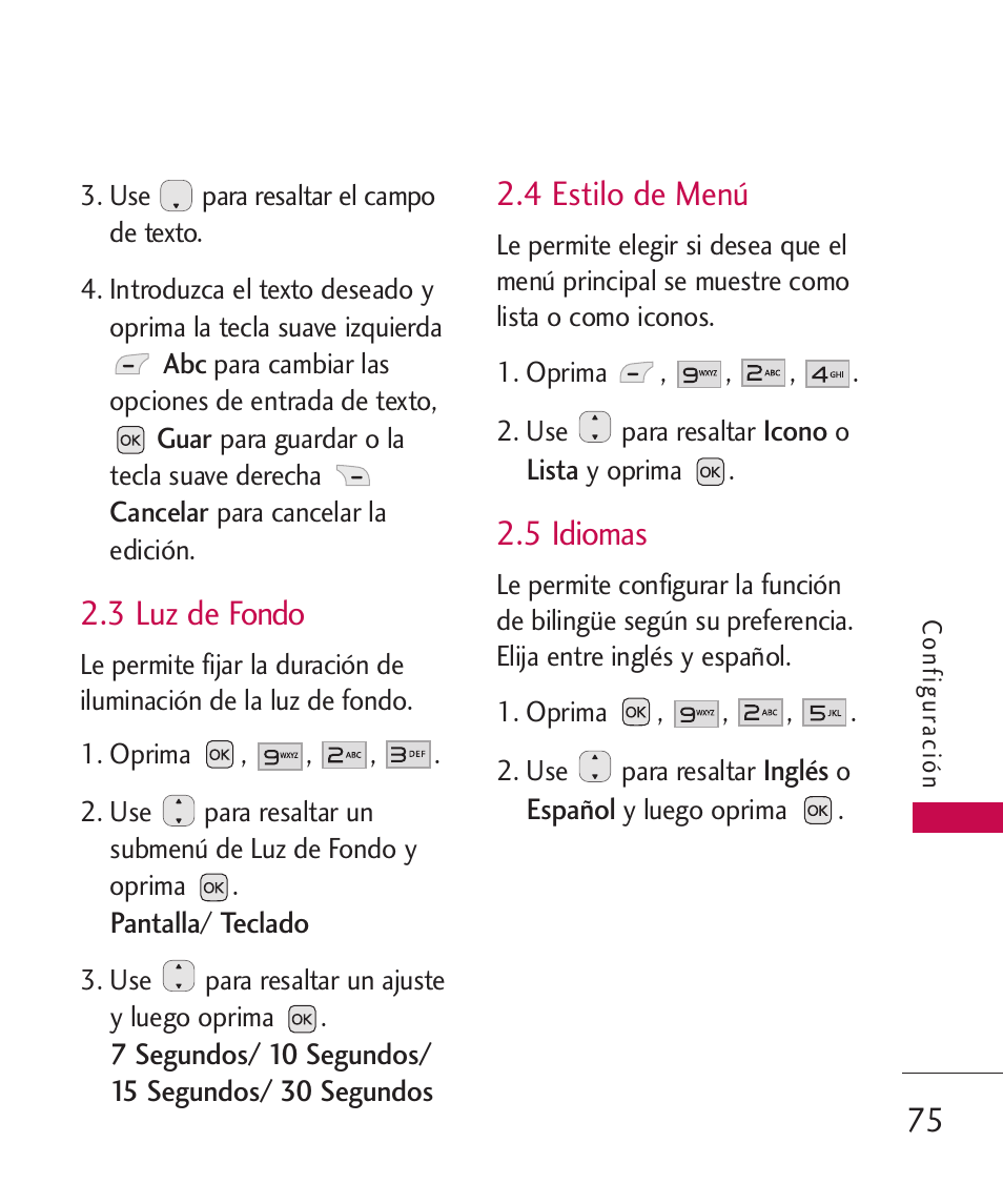 3 luz de fondo, 4 estilo de menú, 5 idiomas | LG LG230 User Manual | Page 197 / 251