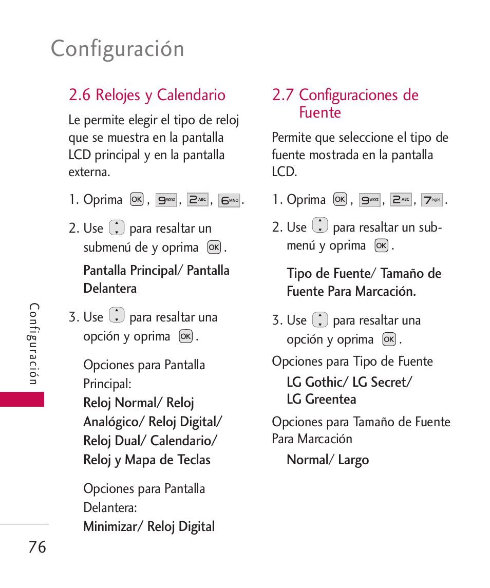 6 relojes y calendario, 7 configuraciones de fuente, Configuración | LG LG230 User Manual | Page 198 / 251