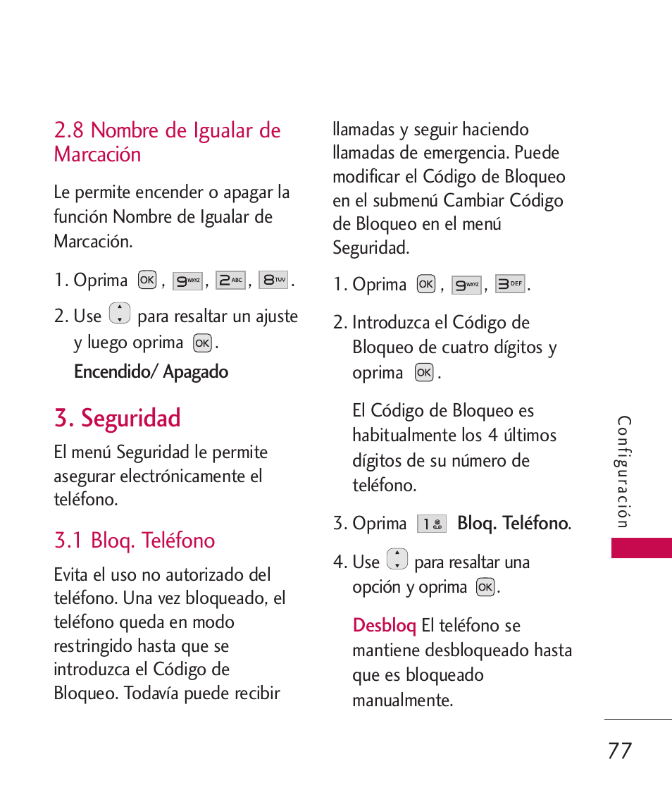 8 nombre de igualar de m, Seguridad, 1 bloq. teléfono | 8 nombre de igualar de, Marcación, 8 nombre de igualar de marcación | LG LG230 User Manual | Page 199 / 251