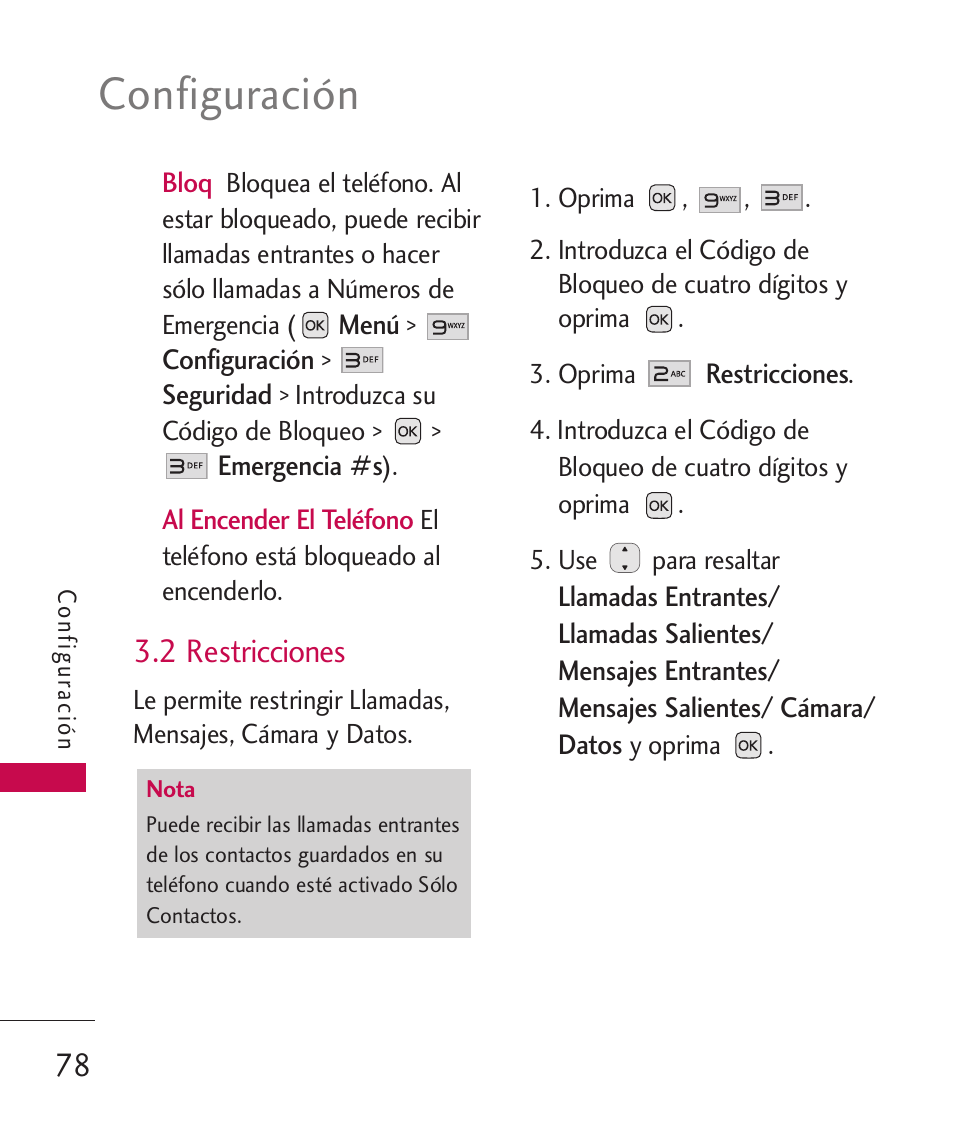 2 restricciones, Configuración | LG LG230 User Manual | Page 200 / 251