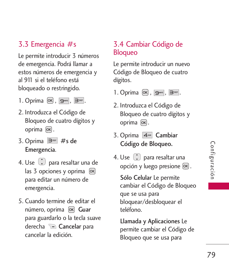 3 emergencia #s, 4 cambiar código de bloqueo, 4 cambiar código de bloqueo 79 | LG LG230 User Manual | Page 201 / 251