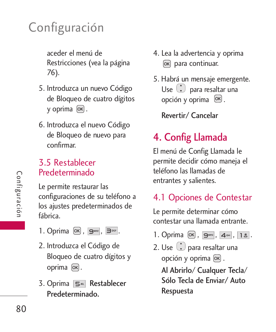 5 restablecer predeterminado, Config llamada, 1 opciones de contestar | 5 restablecer predeterminado 80, Configuración | LG LG230 User Manual | Page 202 / 251