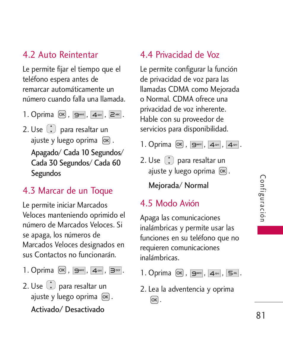 2 auto reintentar, 3 marcar de un toque, 4 privacidad de voz | 5 modo avión | LG LG230 User Manual | Page 203 / 251